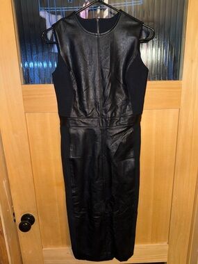 SPANX Faux Leather Midi Dress Black  Modern Minimalist Sleek Sculpting Sheath XS